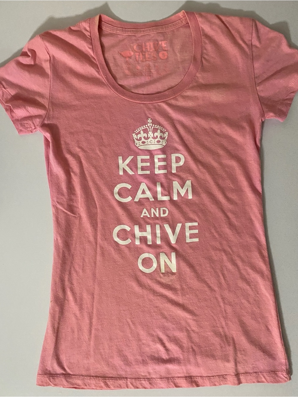 Pink Chive Keep Calm and Chive On baby tee with white text and crown size small